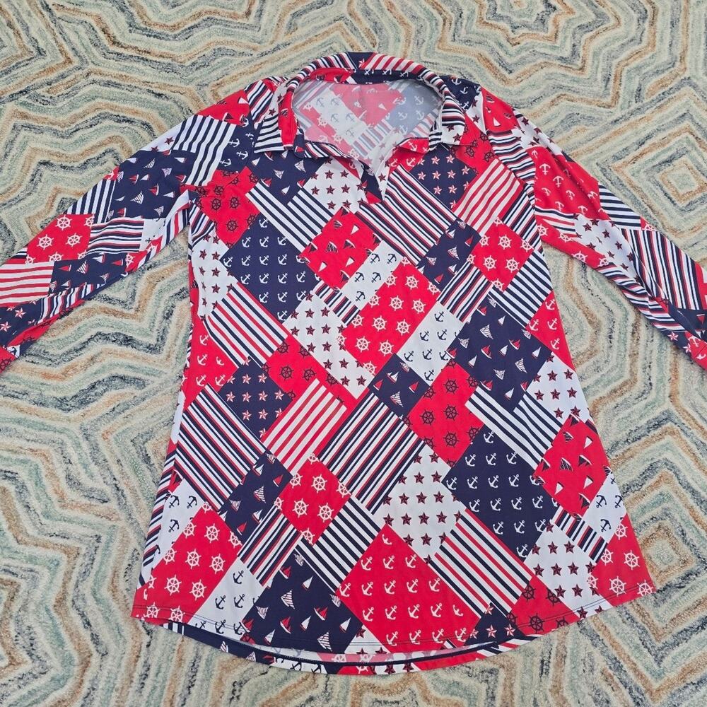 Denim Co Beach Long Sleeve Swim Dress Cover Up 1X Americana Printed Top